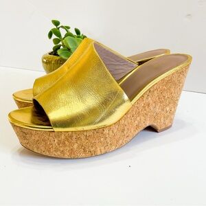 Diane Von Furstenburg Gold Metallic Leather Mules with Cork Wedge